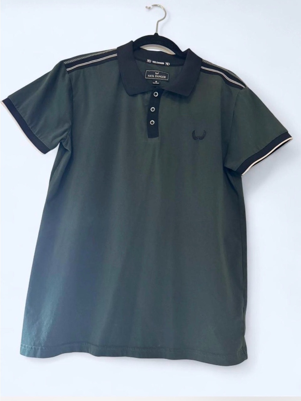 Nick Danger Men's Olive Green Polo Shirt with Black Trim - Picture 2 of 7
